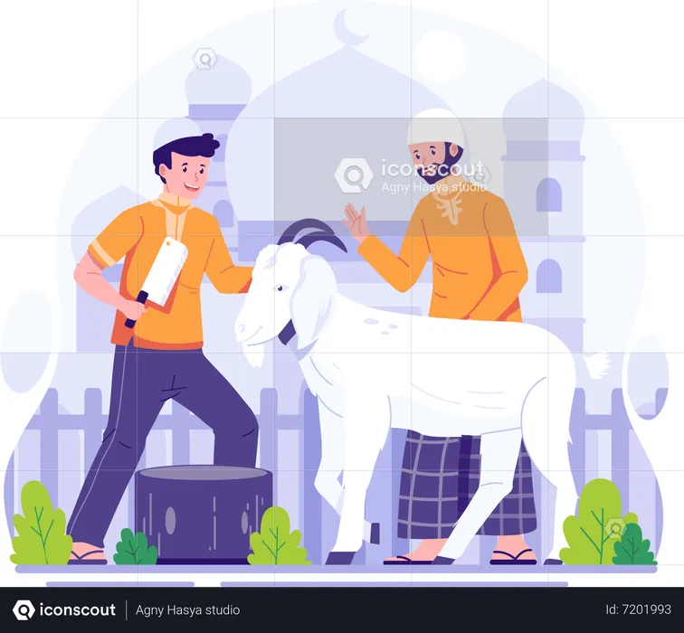 Los musulmanes sacrifican una cabra para el sacrificio o Qurban en Eid Al Adha  Ilustración