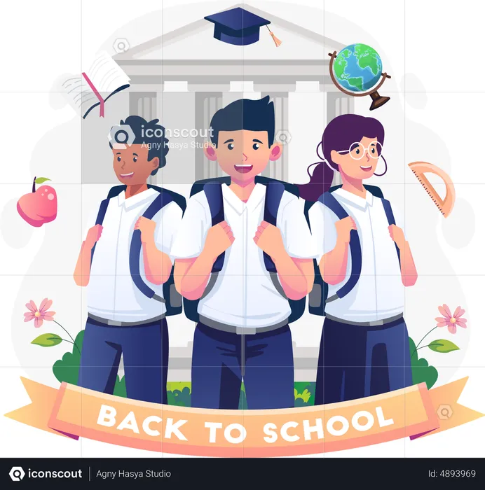 Los niños con uniformes estudiantiles y mochilas están listos para volver a la escuela.  Ilustración