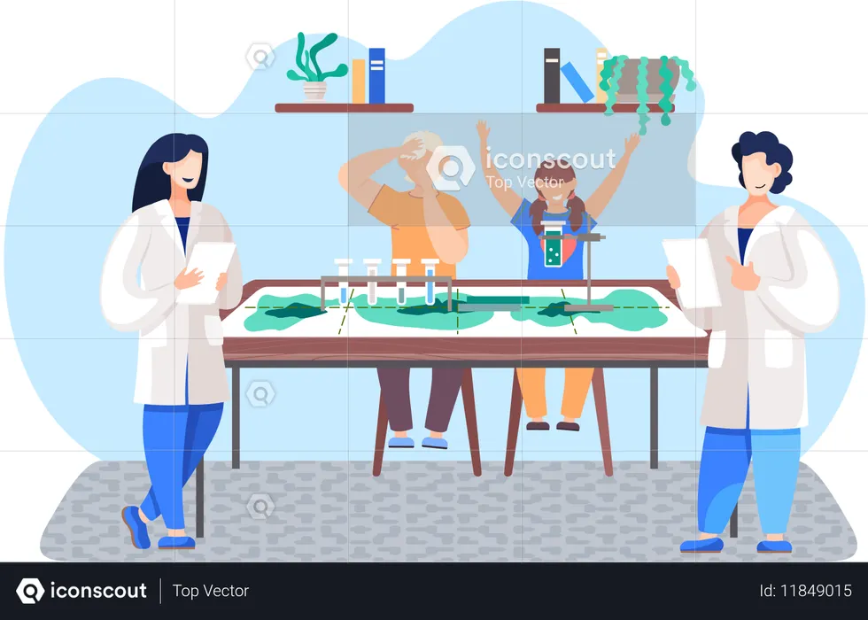 Los niños realizan un experimento con reactivos en casa.  Ilustración