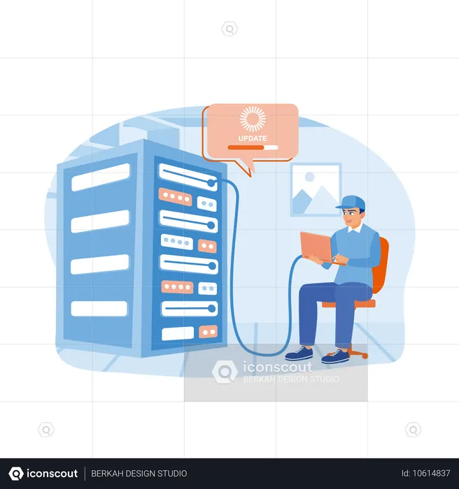 Los técnicos realizan actualizaciones en el centro de datos  Ilustración