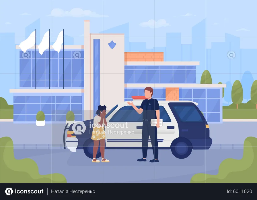 Lost girl and policeman on street  Illustration