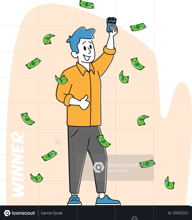 Lottery Winner Male Stand under Falling Money Rain with Lucky Tickets in Hand  Illustration