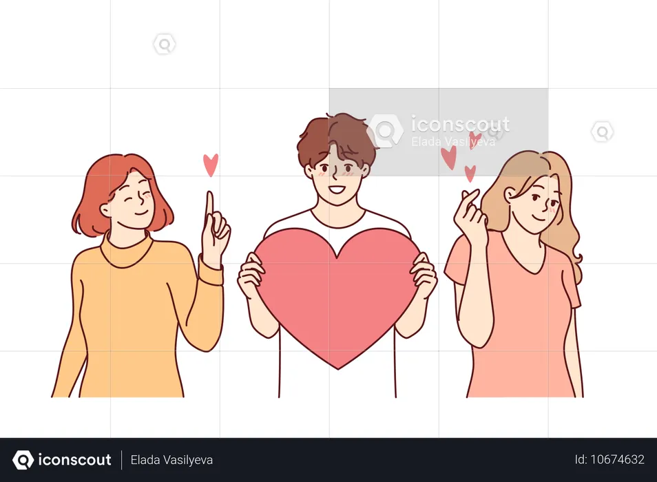 Love triangle between man with big heart and two girlfriends vying for attention of attractive guy  Illustration