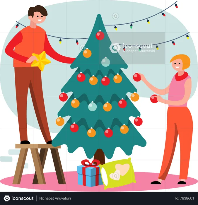 Lovely couple decorating Christmas tree  Illustration