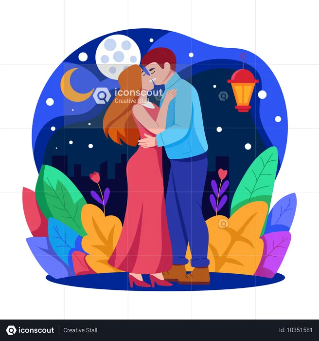 大晦日にキスをする素敵なカップル  イラスト