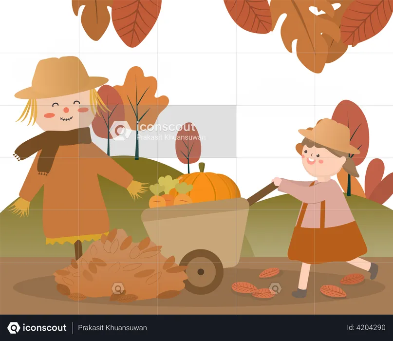 Lovely girl pushing cart with pumpkin  Illustration