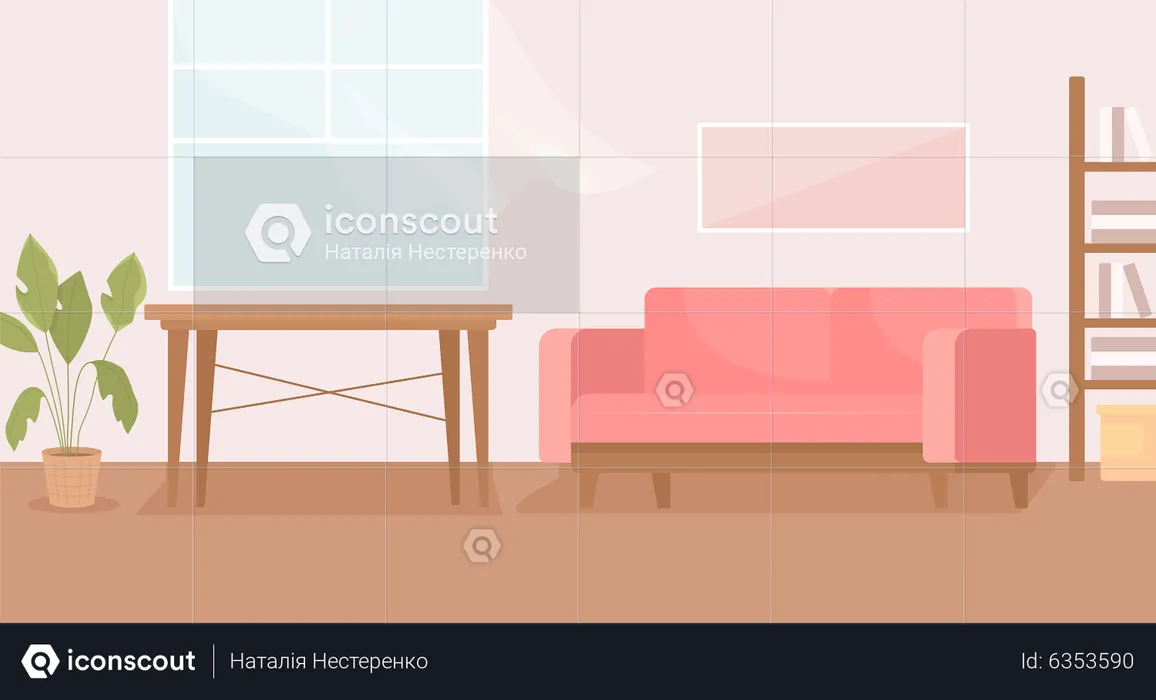 Lovely living room with sofa and wooden table  Illustration
