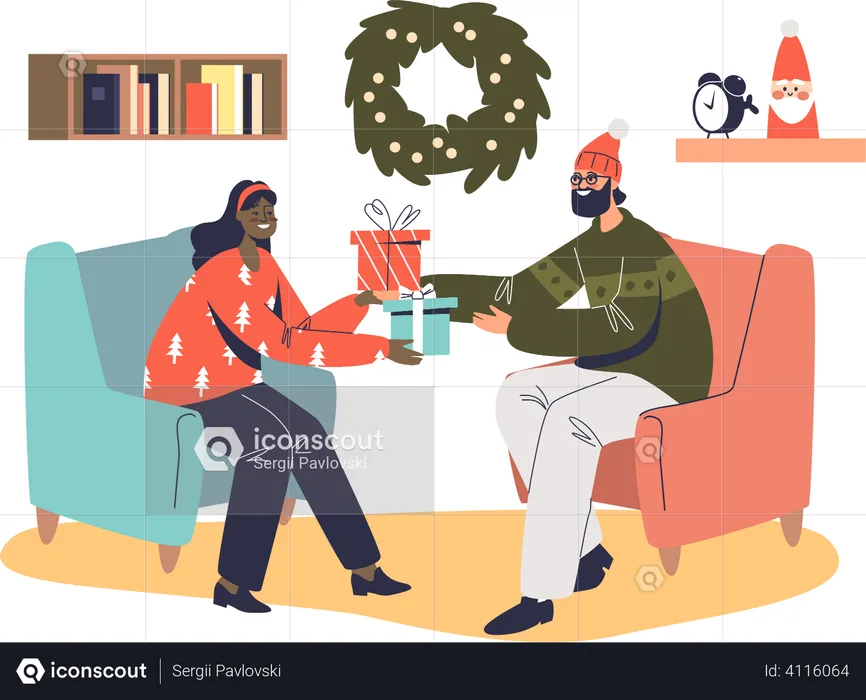 Loving couple exchanging christmas gift  Illustration