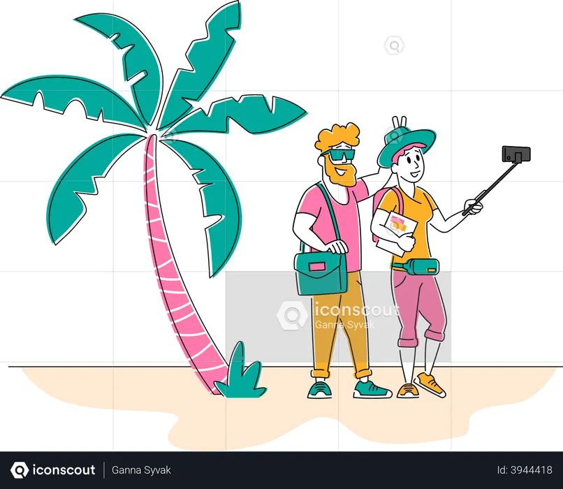 Loving Couple  Making Selfie on Smartphone at Tropical Resort  Illustration
