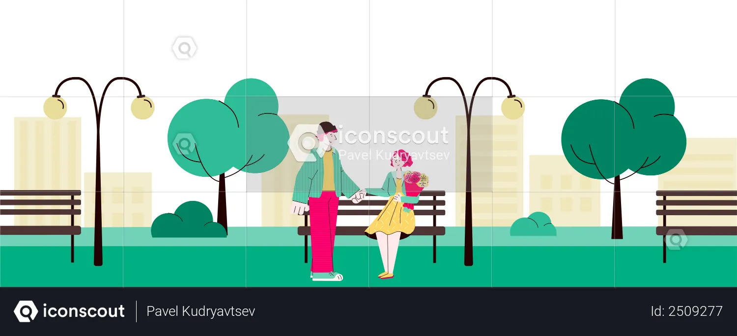 Loving couple meeting in city park  Illustration