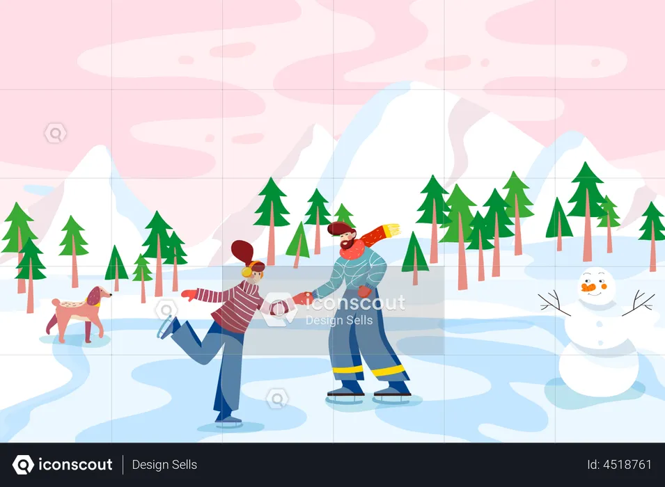 Loving couple skating at frozen lake  Illustration