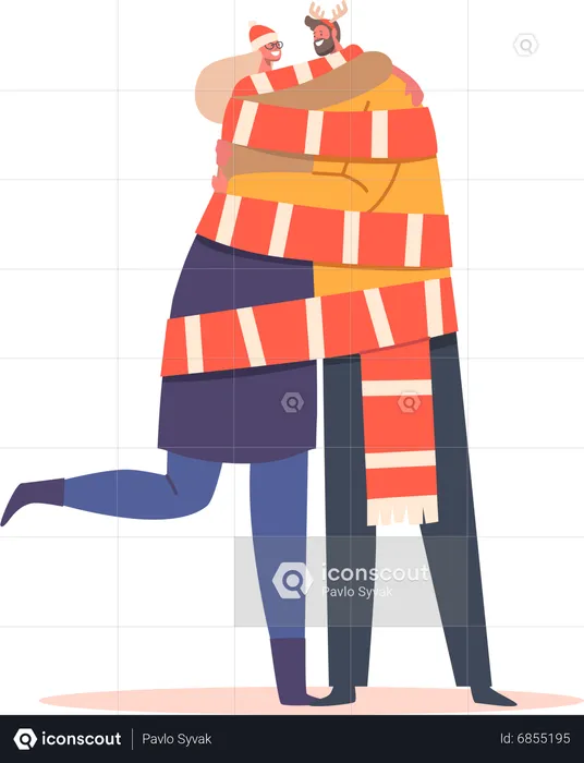 Loving Couple Wrapped in Long Scarf Together  Illustration