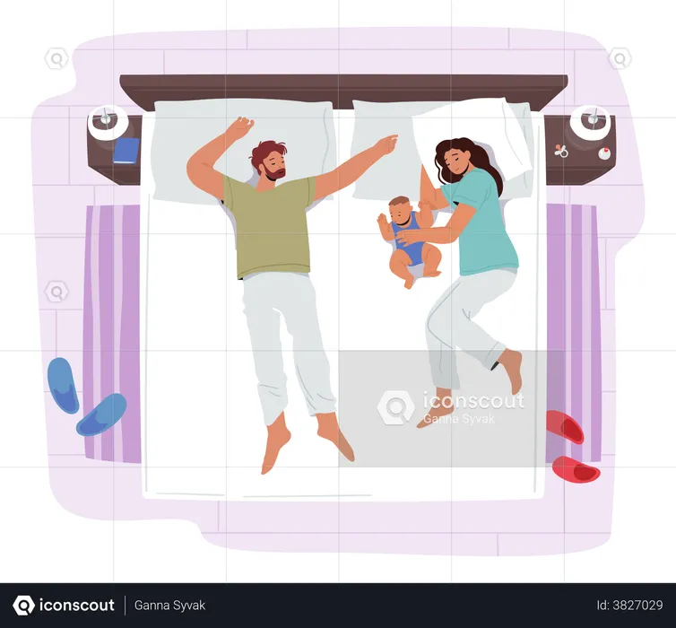 Loving Family Sleeping On One Bed  Illustration