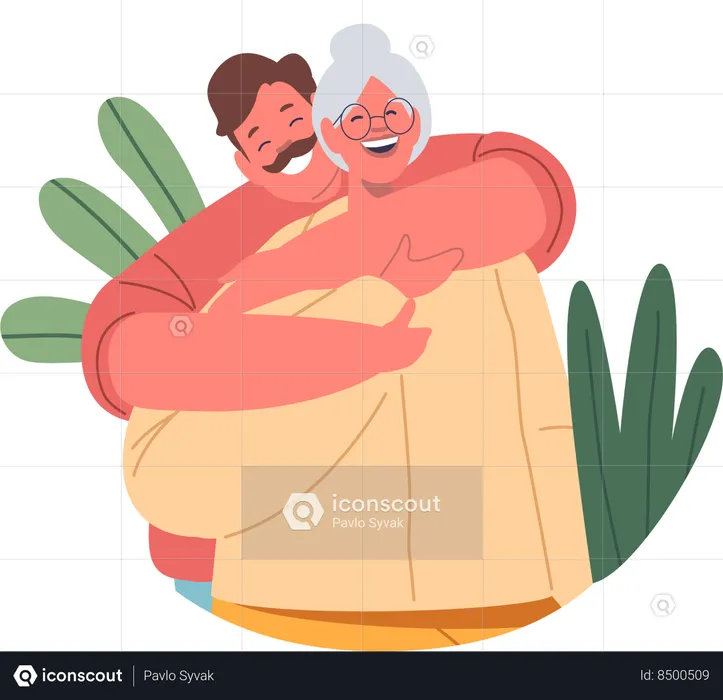 Loving Man Embraces His Elderly Mother  Illustration