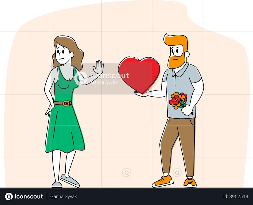 Loving Man Giving Heart to Woman Rejecting his Feelings Saying No  Illustration