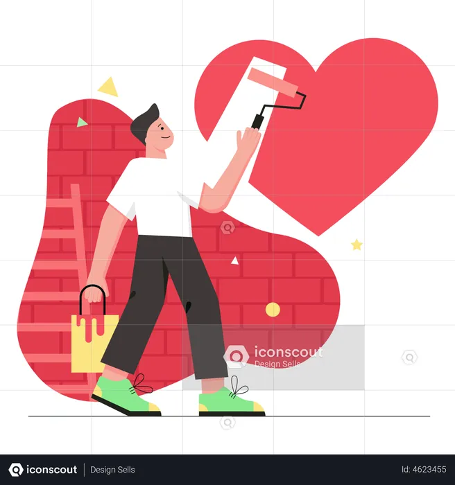 Loving man paints huge red heart on wall for girlfriend  Illustration