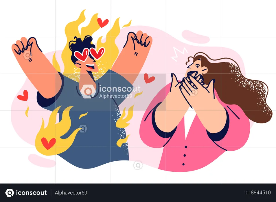 Loving man scares woman with excessive excitement  Illustration