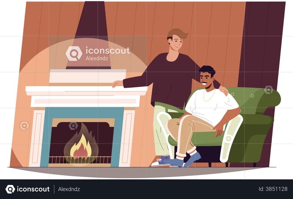 Loving men sitting by fireplace at living room  Illustration