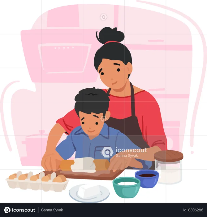 Loving Mother And Her Young Son Family Characters Share A Delightful Kitchen Moment  Illustration