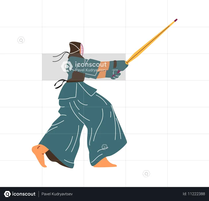 El luchador de kendo usa ropa protectora y máscara con esgrima con espada de bambú.  Ilustración