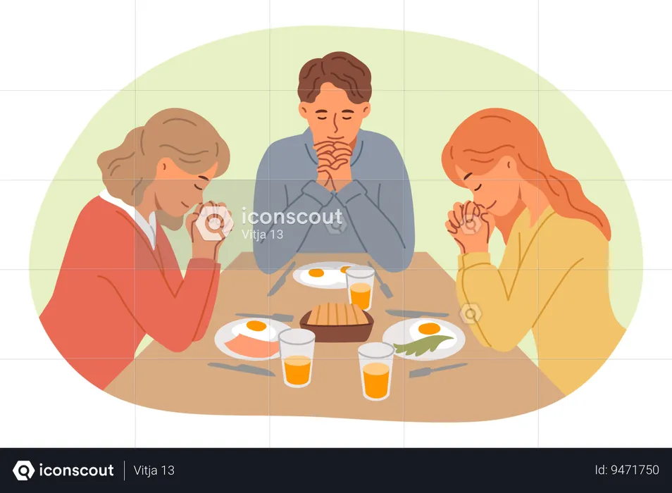 Lunchtime prayer from catholic family thanking god for presence of food on table  Illustration
