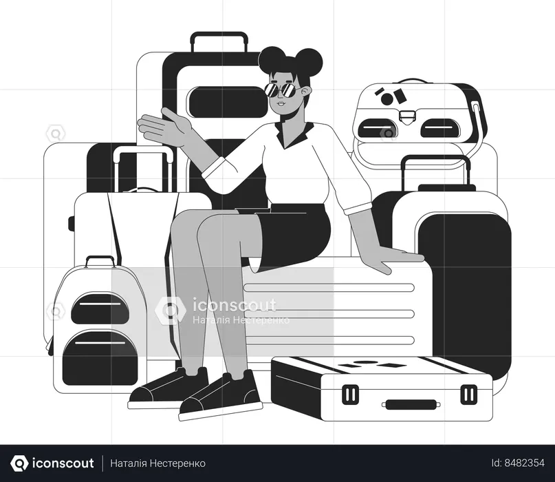 Lunettes de soleil cool femme assise sur des sacs à bagages  Illustration