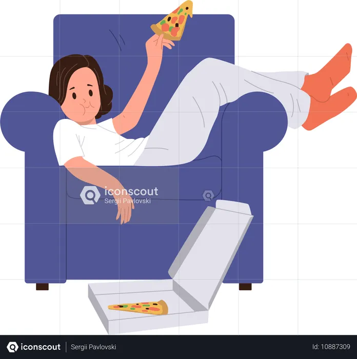 Lustiges, faules Mädchen, das Pizza-Junkfood isst, während es auf einem Sessel liegt  Illustration