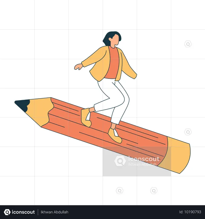 Une lycéenne surfe sur un crayon géant  Illustration