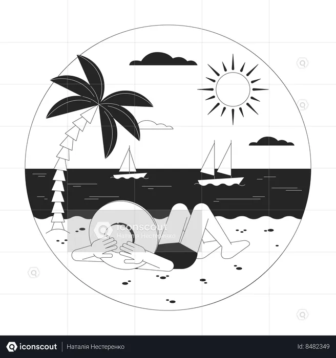 Lying sunbathing girl looking at ocean  Illustration