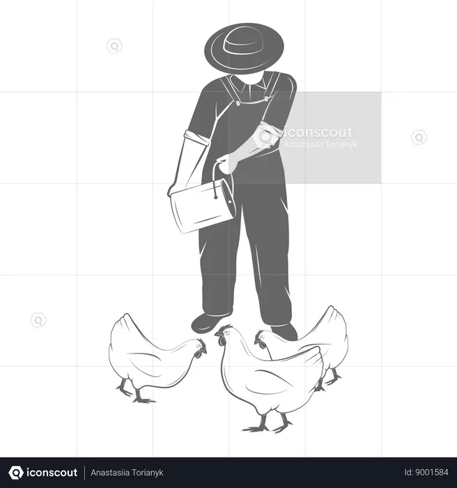 Agricultor masculino alimentando galinha  Ilustração