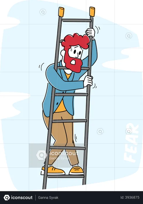 Homem assustado fica na escada e sente medo de altura  Ilustração