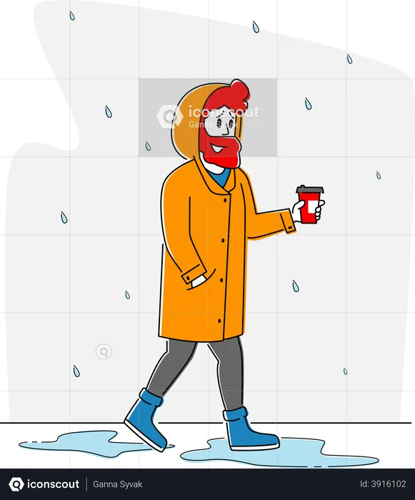 Homem de capa segurando uma xícara de café anda sem guarda-chuva sob chuva  Ilustração