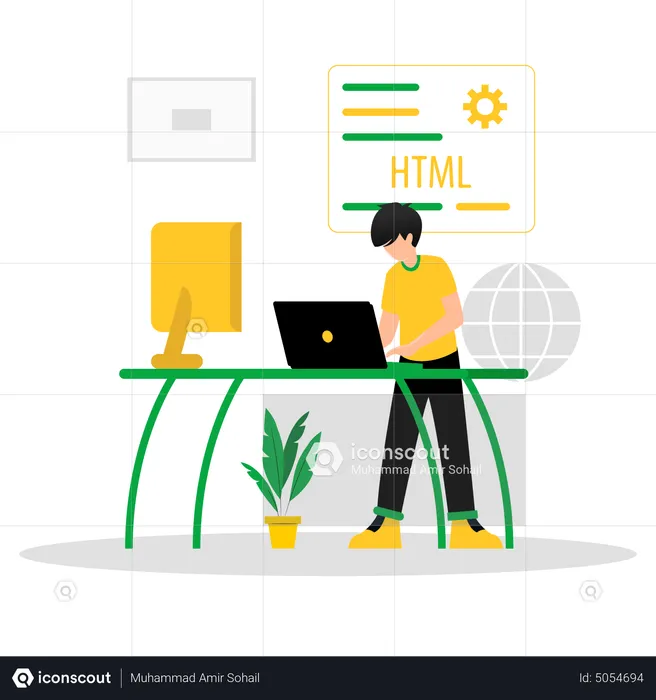 Desenvolvedor HTML masculino trabalhando no projeto  Ilustração