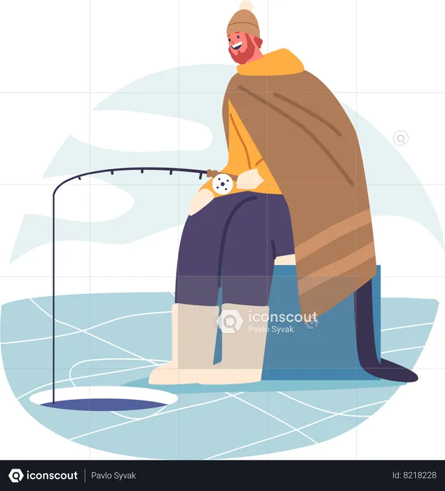 Macho na pesca de inverno e tranquilidade congelada em meio ao inverno  Ilustração