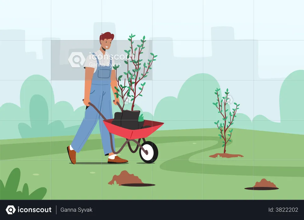 Macho plantando plántulas de árboles en el suelo en el jardín  Ilustración