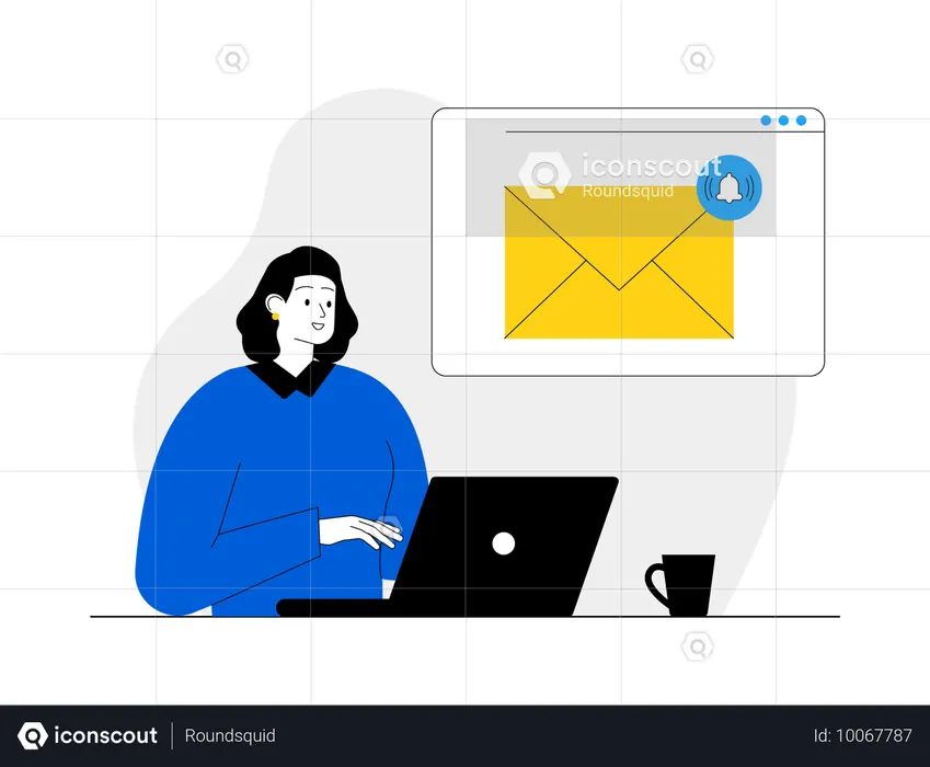 Mädchen arbeitet am Laptop, während es eine E-Mail-Benachrichtigung erhält  Illustration