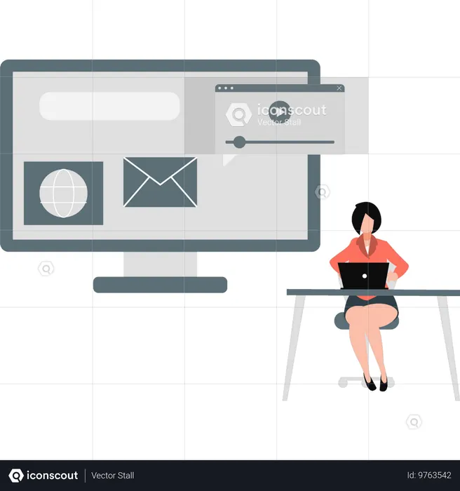 Mädchen bedient verschiedene Browser auf Laptop  Illustration