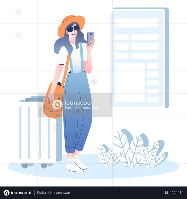 Mädchen benutzt Handy im Urlaub  Illustration