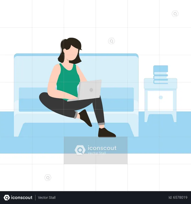 Mädchen mit Laptop im Schlafzimmer  Illustration