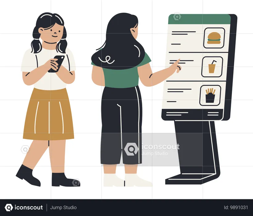 Mädchen bestellt Essen digital über Kiosk  Illustration