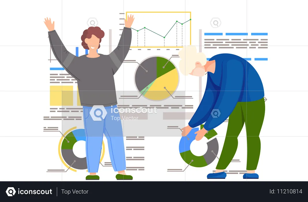 Mädchen beugt sich vor und zeigt auf Kreisdiagramm  Illustration