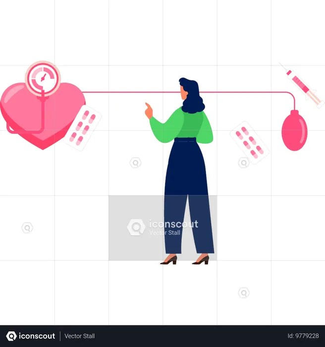 Mädchen hob Herz mit Tabletten und Manometer  Illustration