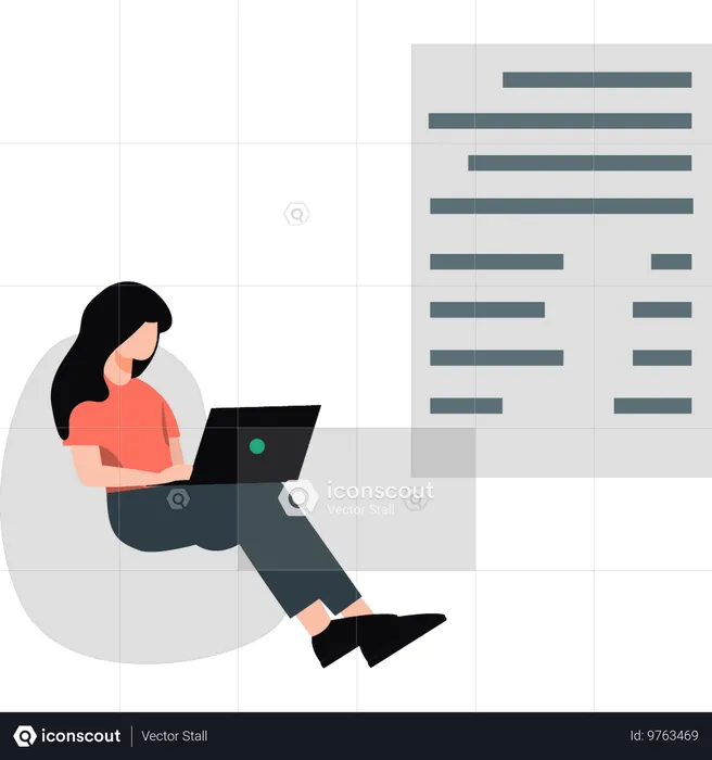 Mädchen macht Finanzliste auf Laptop  Illustration