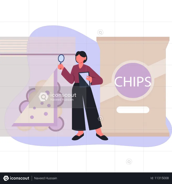 Mädchen recherchiert auf Chipstüte  Illustration