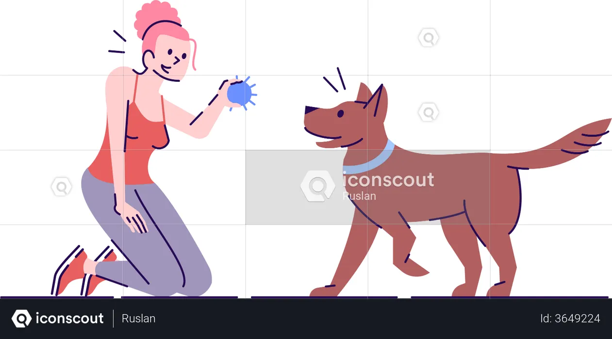 Mädchen trainiert Hund mit Ball  Illustration