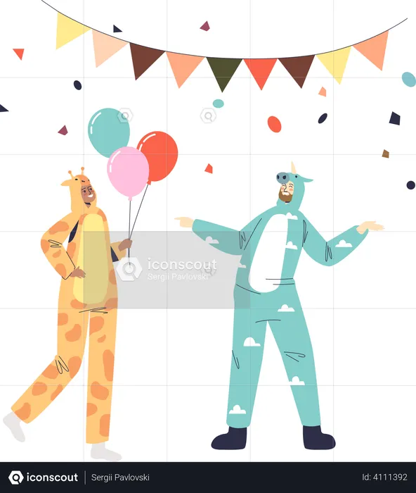 Mädchen im Giraffenkostüm hält einen Haufen Luftballons  Illustration