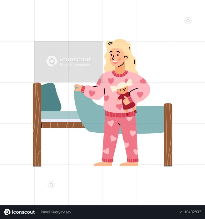 Mädchen im rosa Pyjama geht schlafen  Illustration