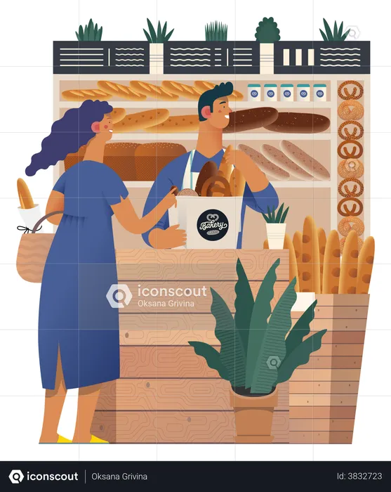 Mädchen kauft Brot in der Bäckerei  Illustration