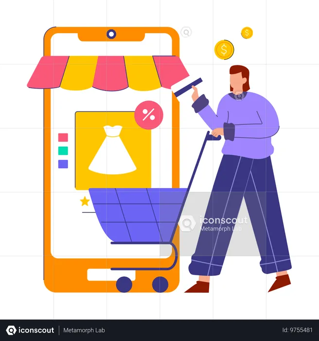 Mädchen beim mobilen Einkaufen  Illustration