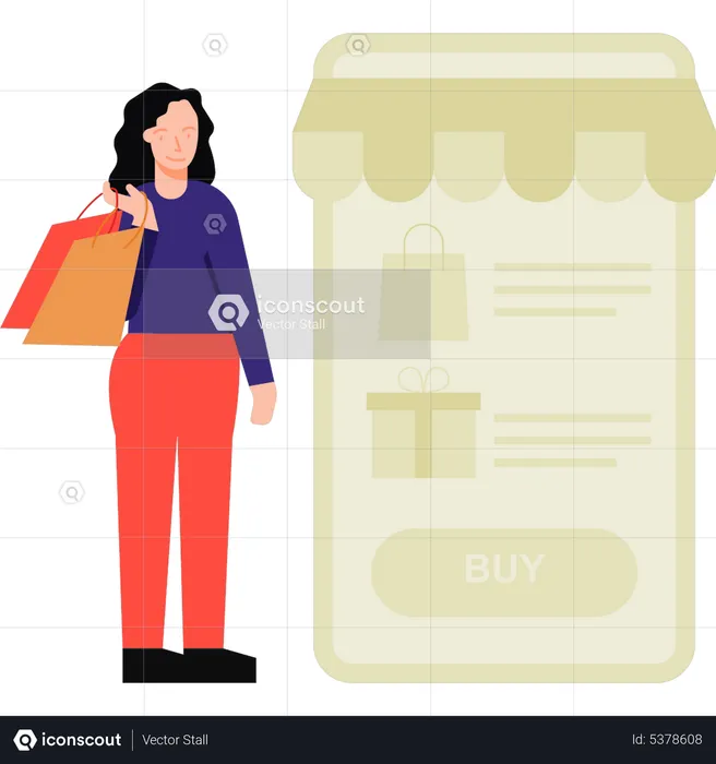 Mädchen beim Online-Shopping mit dem Handy  Illustration